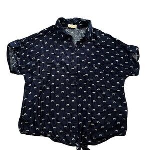 Love Notes Navy Button-Down Tie Front Shirt with White Bicycle Print